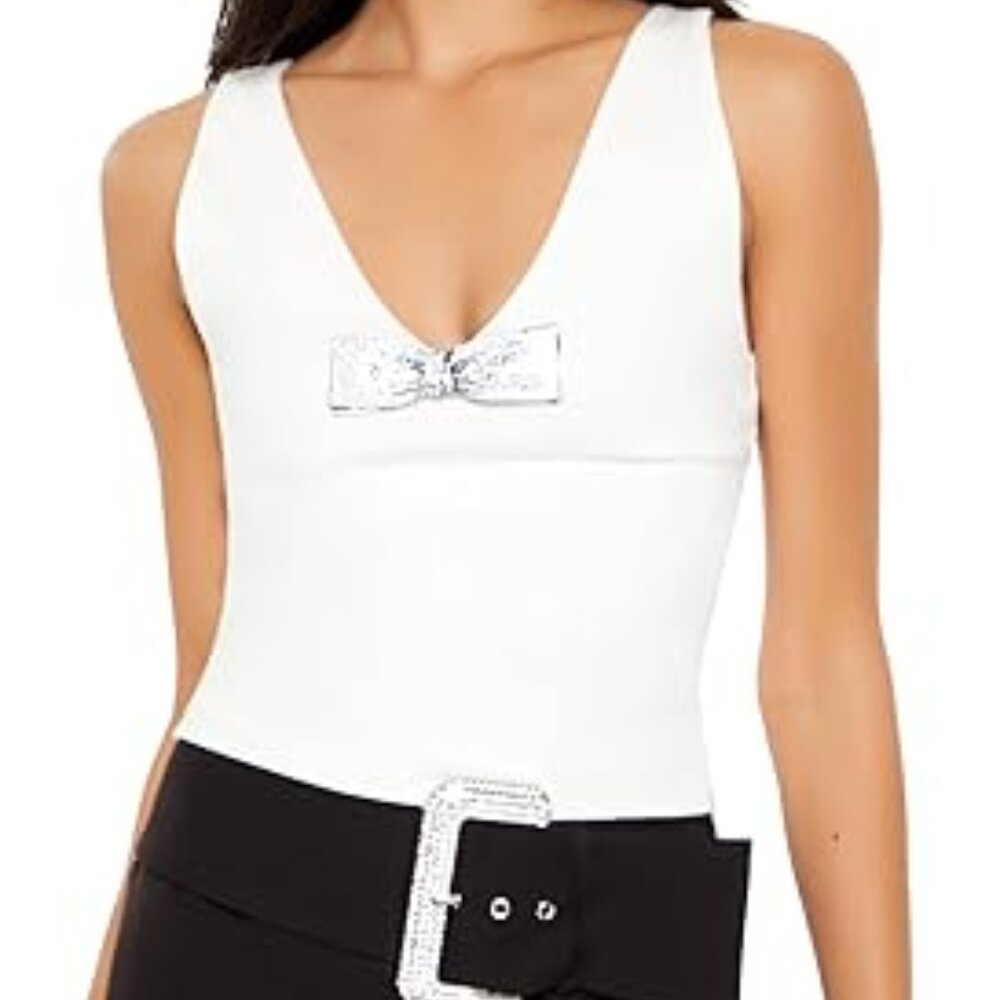 NWT FOREVER 21 Size Medium Women's White Rhinestone Bow Tank Top Shirt Holiday